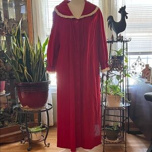 Vintage Long Button Up Red Robe Lace Trim